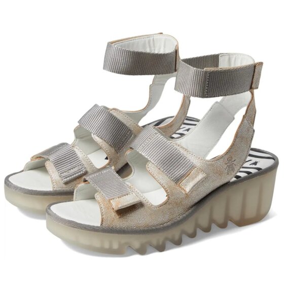 NEW FLY LONDON Made In Portugal Leather Bech Comfort Wedge Sandals in pearl 864t - Picture 2 of 5
